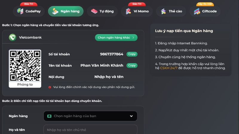 Một trong những phương thức thanh toán phổ biến nhất trên Uk88 là qua các ngân hàng nội địa