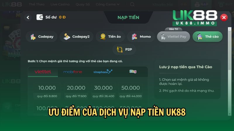 Uk88 hỗ trợ nhiều phương thức nạp tiền nhằm tạo thuận lợi tối đa cho người chơi